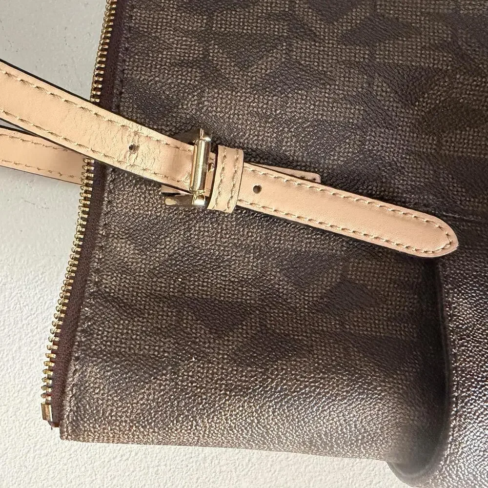 Michael Kors Tote Bag Womens Large Brown Logo PVC Leather Zip Shoulder Handbag